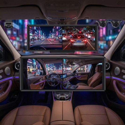 360 Dash Cam mounted in car windshield night city driving