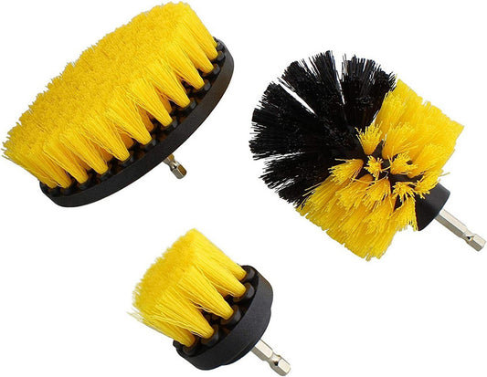 Power drill scrubber brush set - 3 yellow brush heads (4in, cone, 2in)
