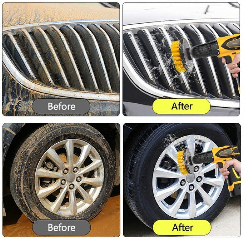 Before and after - car grille and alloy wheel cleaned with drill brush