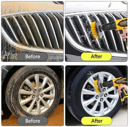 Before and after - car grille and alloy wheel cleaned with drill brush