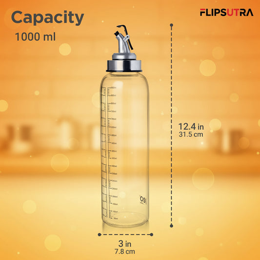 FLIPSUTRA By Milton Glide Oil Dispenser For Kitchen | Leak-Proof & BPA-Free | Food-Safe High Borosilicate Glass | Non-Porous with Capacity Indicator | Durable & Stylish Kitchen Accessory, 1000 ml
