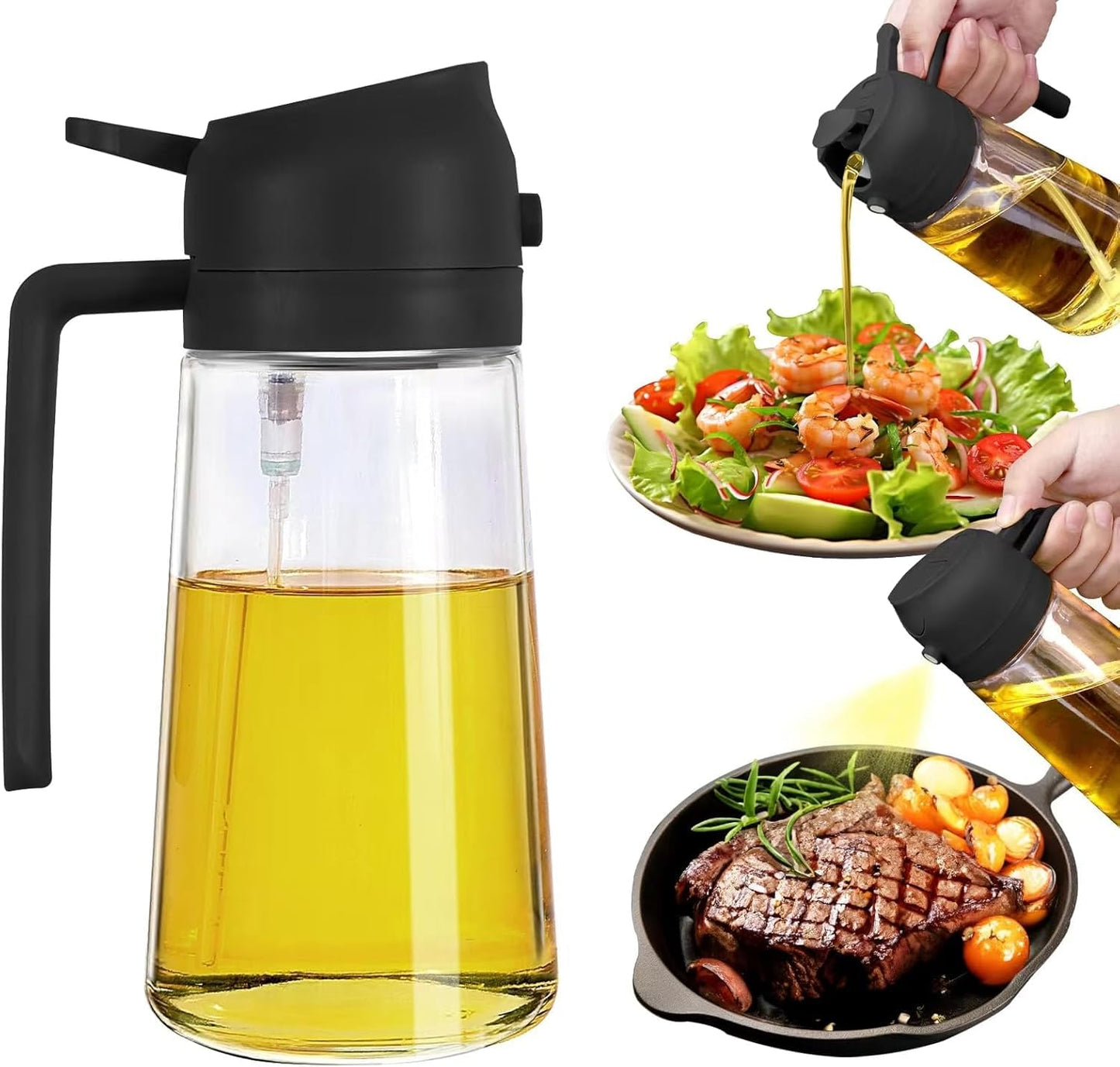 Glass Oil Sprayer & Dispenser Bottle – 500ml, 2-in-1, Matte Black