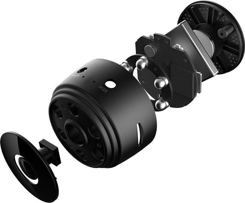 Mini camera exploded view showing magnetic mount and internals