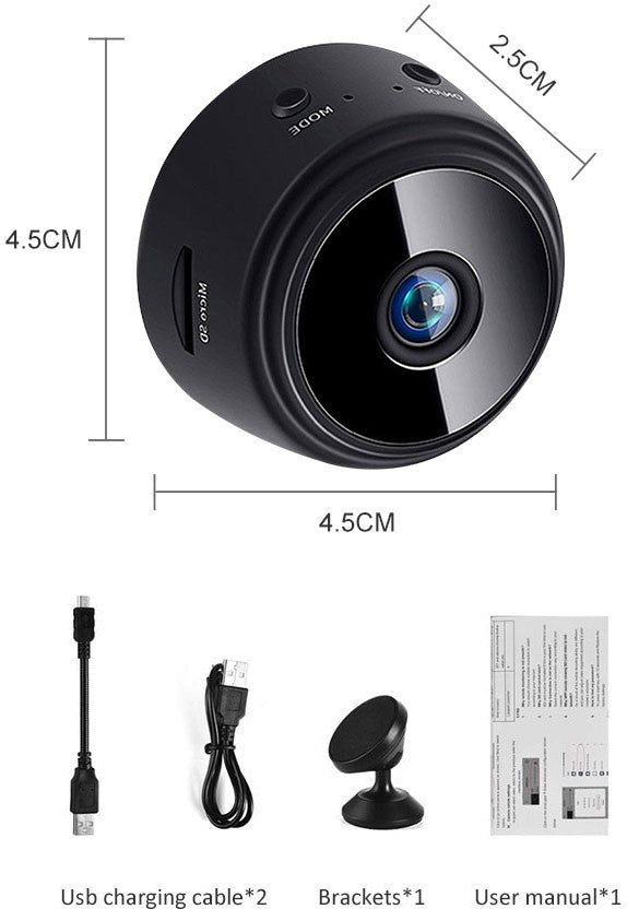 Mini camera dimensions 4.5cm with USB cable, magnetic bracket and manual
