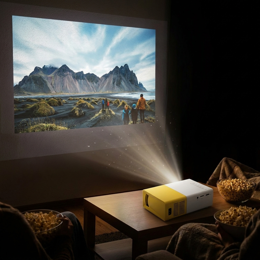 Mini Projector projecting movie on wall cinematic