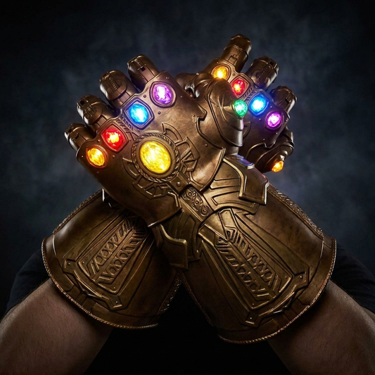 LED Gauntlet glove glowing gems dark background cosplay