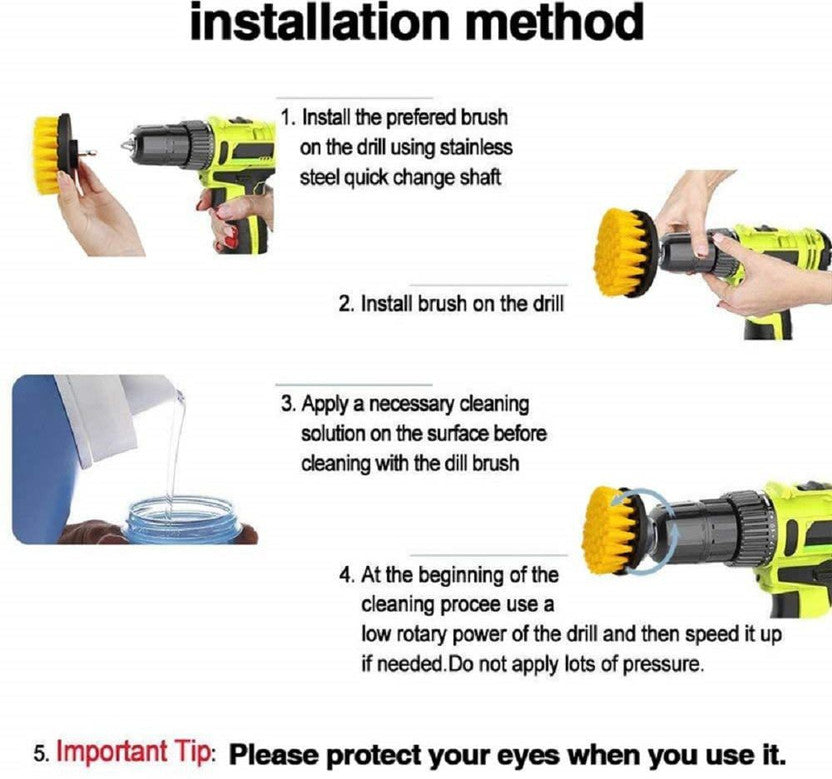 Drill not included - brush head sizes explained for the scrubber set